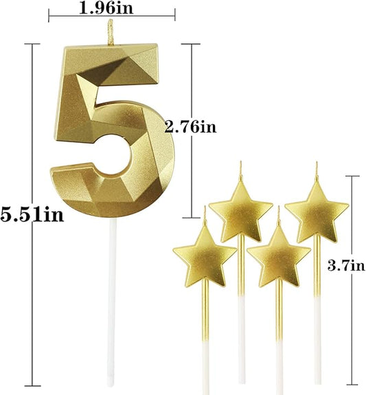 Golden Number 5 & 2.76 inch 3D Diamond Shaped Birthday Candles for Parties & Cake Decorations