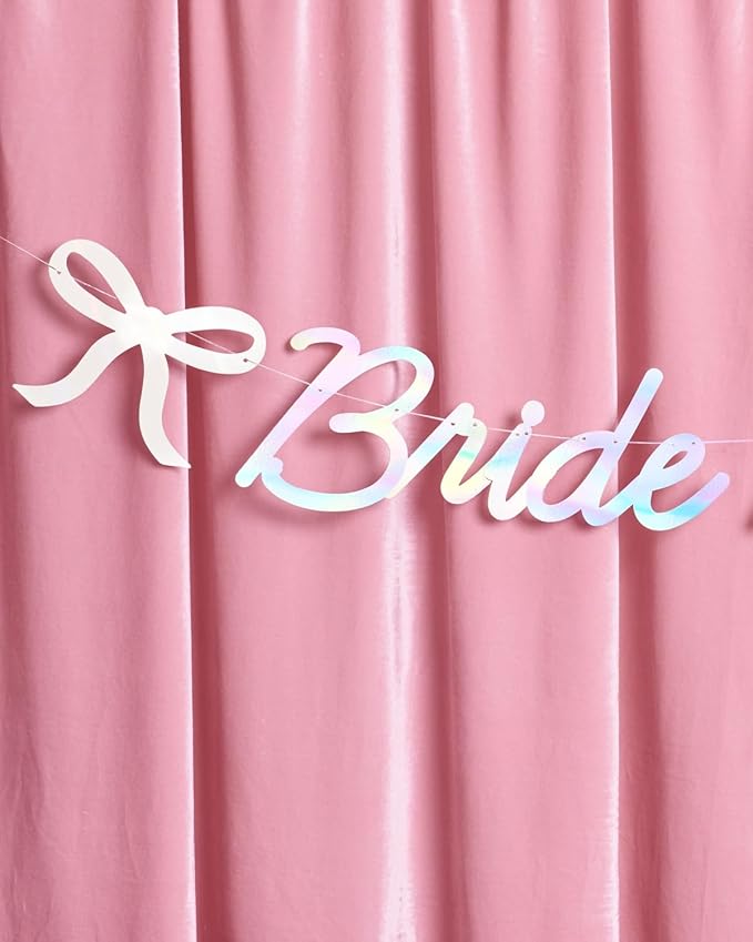 xo, Fetti Bride to Be Bow Banner Iridescent Foil + Pink Glitter , 5 Ft. | Bachelorette Party Decoration, Tying the Knot Bride Bach Decor, Bridesmaid Favor, Engagement Gift, Bridal Shower Supplies, Photobooth Backdrop