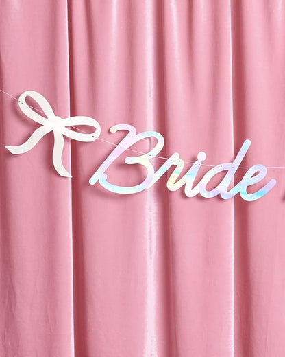 xo, Fetti Bride to Be Bow Banner Iridescent Foil + Pink Glitter , 5 Ft. | Bachelorette Party Decoration, Tying the Knot Bride Bach Decor, Bridesmaid Favor, Engagement Gift, Bridal Shower Supplies, Photobooth Backdrop