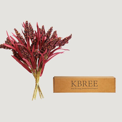 KBREE 16" Artificial Fall Grain Bundles for Thanksgiving Decoration, 4 Packs Rustic Harvest Sheaves with Aged Leaves, Faux Grain Bouquets for Thanksgiving Table Centerpiece, Farmhouse Decor (Claret)