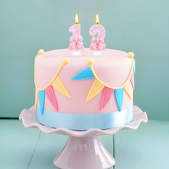 Number 12 Candle Pink Sequins and Bowtie 12th Cake Topper, 12 Birthday Candle for Girls Pastel Sweet Theme Birthday Party or Adults Milestone Age Decoration