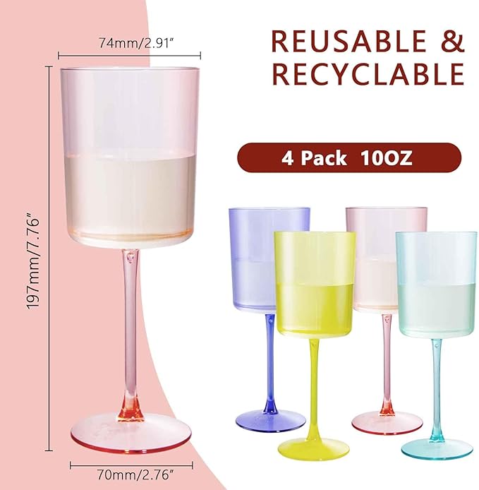 Ciaell 4 Pack Plastic Drinking Glasses - 10 Oz Plastic Glasses with Stem - Disposable Glasses Perfect for Parties & Weddings & Poolside & Outdoors & Camping (Pink Green Purple Yellow)