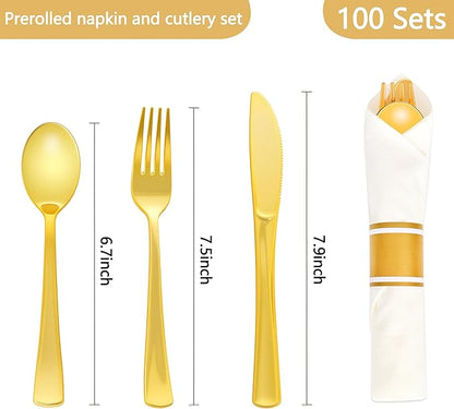 100 Pack Pre Rolled Gold Plastic Silverware Set,Wrapped Plastic Cutlery Set with Napkin Include 100 Forks,100 Spoons,100 Knives and 100 White Napkins for Party, Wedding,showers, Christmas