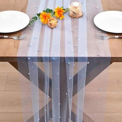 Blue Pearl Fall Thanksgiving Table Runner Boho Rustic Tulle Lace Table Runner for Baby Shower Wedding Arch Decor Veil Dessert Table Decor