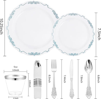 DaYammi 350Pcs Blue and White Plastic Plates Disposable Blue Plates for Party Include 50 Dinner plate,50 Dessert plate- 50 Per Rolled Napkins with Silver Cutlery- 50 Disposable Cups 9 OZ for Wedding