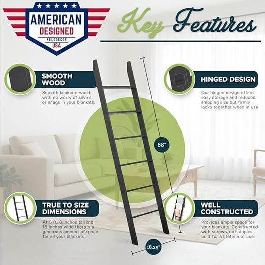 Blanket Ladder for The Living Room and Bedroom, 5ft 8 inch, 6-Tier Wall Leaning Laminate Snag Free Material (Black) Rustic Decorative Farmhouse Blanket Holder Rack, Quilt Rack Shelf, Easy Assembly