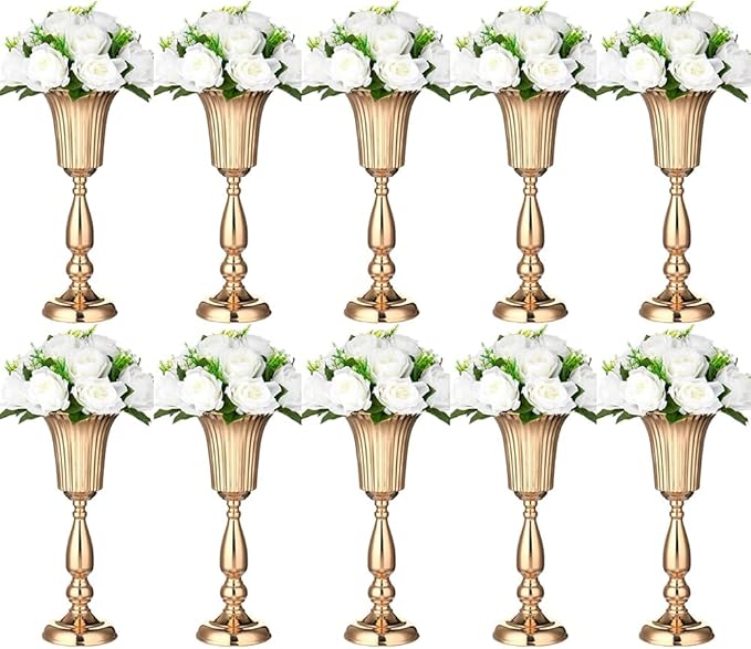 10Pcs Gold Vase Centerpiece Table Decorations - Metal Tabletop Flower Stand, Wedding Decorations for Reception, 15.6in Trumpet Tall Flower Vase for Birthday, Weddings, Anniversary Ceremony, Home Decor