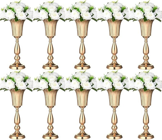 10Pcs Gold Vase Centerpiece Table Decorations - Metal Tabletop Flower Stand, Wedding Decorations for Reception, 15.6in Trumpet Tall Flower Vase for Birthday, Weddings, Anniversary Ceremony, Home Decor