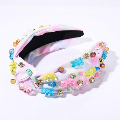ZITULRY Knotted Headband for Women Crystal Gummy Bear Jeweled Embellished Top Knot Headbands Fashion Statement Wide Turban Hairband Funny Gifts for Girls Sister Birthday Holiday Party
