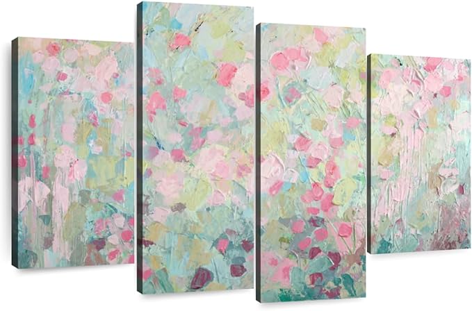 Elephant Stock Dancing Sakura Tree Wall Art - Horizontal Canvas - 4-Piece Living Room Wall Decor - Painting Abstract Canvas Print - Pink and Blue Decor for Wall by Ann Marie Coolick - 36" X 22"