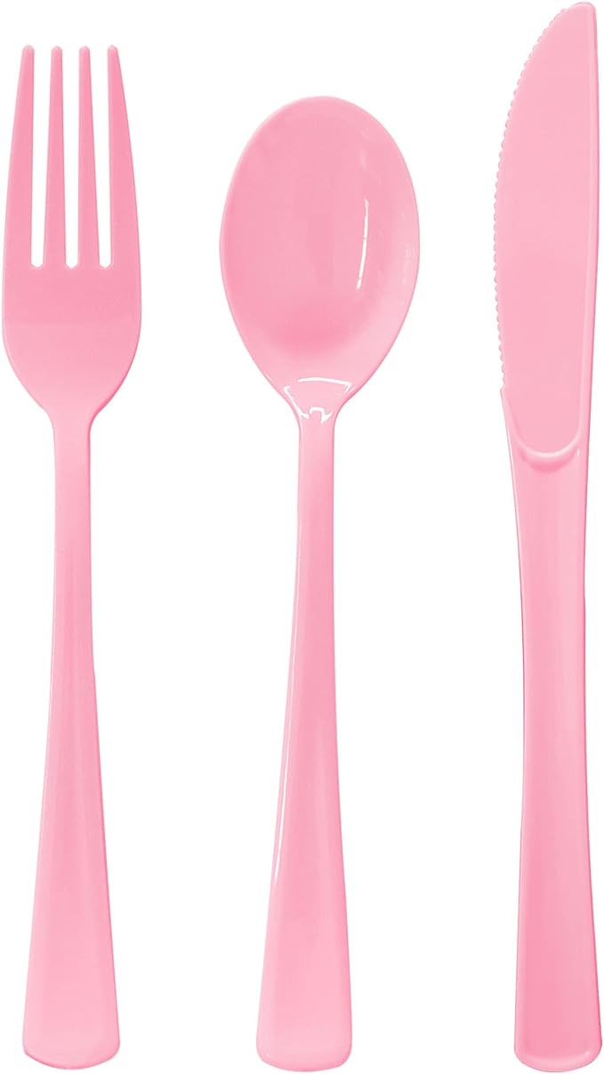 150 Pack Light Pink Plastic Silverware, Pink Plastic Utensils Heavy Duty Includes 50 Disposable Forks, 50 Knives, 50 Spoons for Birthday, Bride Shower, Wedding