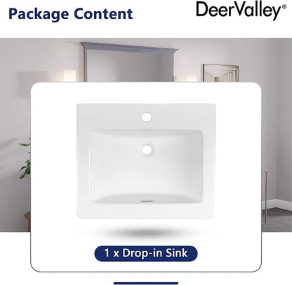 DeerValley Compact Rectangle Drop-In Sink 21x18 Inch, White Ceramic Bathroom Basin with Overflow Guard