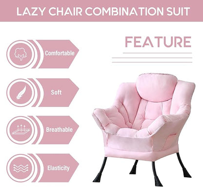 LITA Lazy Chair with Armrests and Side Pocket, Modern Upholstered Accent Reading Chair for Living Room, Bedroom, Dorm, Small Spaces, Single Pink