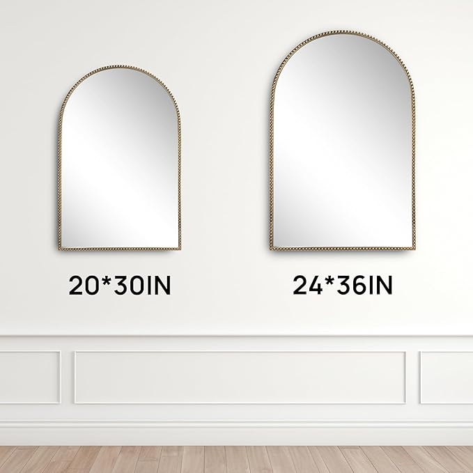 Antique Gold 24"x36" Arched Wall Mirror with Metal Beaded Frame - Decorative Accent Wall Mirror for Bathroom, Bedroom, Living Room, Entryway
