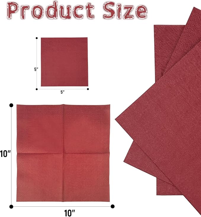 Burgundy Cocktail Napkins 5 * 5inch disposable Beverage Napkin paper for Cocktail, Wedding, Dinner，Birthday Party Dessert Wine Paper Napkins（ 120 Count）