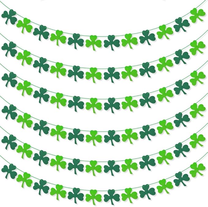 AKEROCK St Patricks Day Garland, Pre-Stung Hanging Felt Shamrock Garland for Wall, Fireplace Mantle Decor - St Patricks Day Decorations for The Home - 6 Saint Patricks Day Banners, 12 Pcs of Each