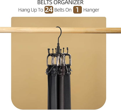 ZEDODIER 2 Pack Belt Organizer for Closet, Heavy-Duty Rotating Belt Hanger Rack Holds up to 48 Belts, Hanging Space Saving Metal Belt Holder for Closet Storage, Black