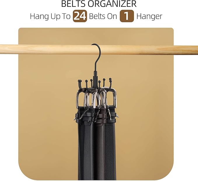 ZEDODIER 4 Pack Belt Organizer for Closet, Heavy-Duty Rotating Belt Hanger Rack Holds Multiple Belts, Hanging Space Saving Metal Belt Holder for Closet Storage, Black