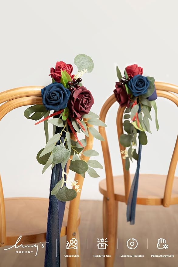 Ling's moment 8pcs Wedding Artificial Aisle Pew Flowers Chair Decorations Arrangements with Chiffon Ribbons Burgundy Navy Blue for Ceremony Chair Back Floral Decor Reception Church Party Outdoor