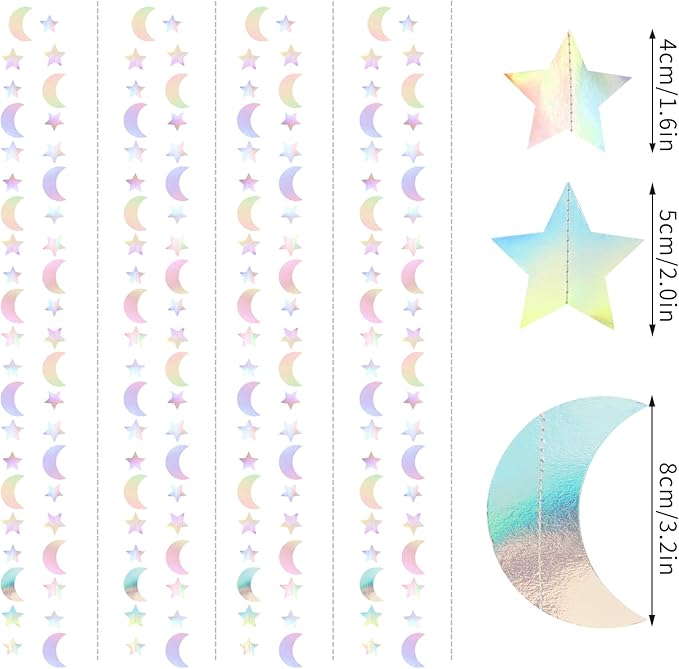 Iridescent Disco-Holographic Party-Decorations Moon-Star Garland - 62Ft Twinkle Little Star Hanging Neon Streamers Banner,Eid Ramadan Mubarak Decoration Birthday Wedding Baby Shower Decor Panduola
