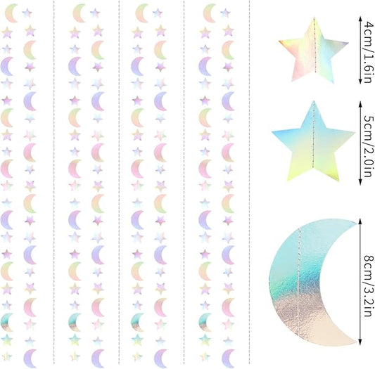Iridescent Disco-Holographic Party-Decorations Moon-Star Garland - 62Ft Twinkle Little Star Hanging Neon Streamers Banner,Eid Ramadan Mubarak Decoration Birthday Wedding Baby Shower Decor Panduola