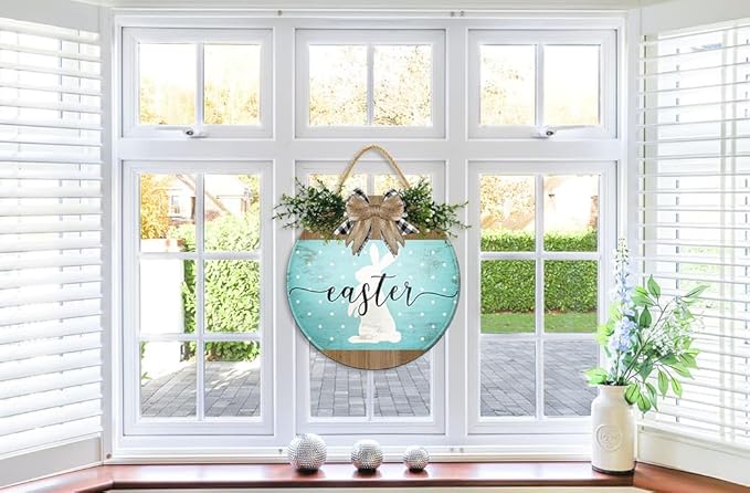 Boylee Easter Wooden Hanging Sign Easter Sign Door Decoration with Bow Rustic Easter Wood Wreath Sign for Easter Spring Holiday Home Coffee Shop Bakery Farmhouse Window