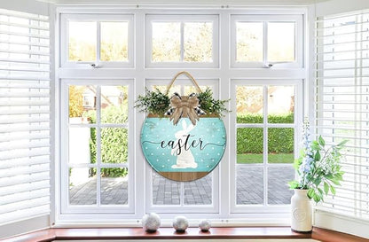 Boylee Easter Wooden Hanging Sign Easter Sign Door Decoration with Bow Rustic Easter Wood Wreath Sign for Easter Spring Holiday Home Coffee Shop Bakery Farmhouse Window