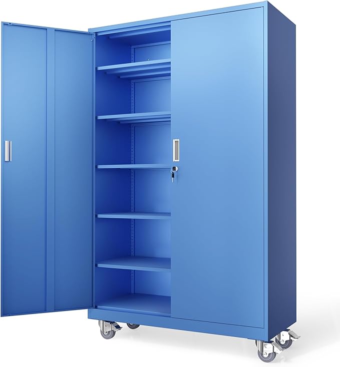 VINGLI Large Metal Storage Cabinet with 2 Doors and 5 Adjustable Shelves, Upgraded Height & Wide & Deep, 43''W x 20''D x 72''H, Oversized Garage Storage Cabinet with Wheels and Locks (Blue)