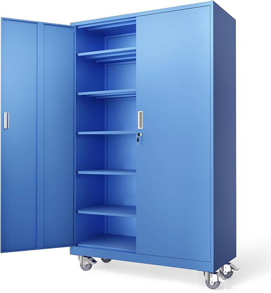 VINGLI Large Metal Storage Cabinet with 2 Doors and 5 Adjustable Shelves, Upgraded Height & Wide & Deep, 43''W x 20''D x 72''H, Oversized Garage Storage Cabinet with Wheels and Locks (Blue)