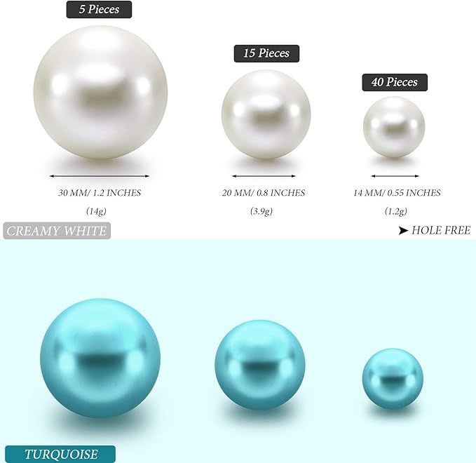 Hicarer 120 Pieces Pearl for Vase Filler Pearl Bead Vase Centerpieces Brush Holder Assorted Round Faux Bead for Crafting, Home Wedding Table Decor 14/20/30 mm(Creamy White, Turquoise)