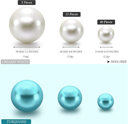 Hicarer 120 Pieces Pearl for Vase Filler Pearl Bead Vase Centerpieces Brush Holder Assorted Round Faux Bead for Crafting, Home Wedding Table Decor 14/20/30 mm(Creamy White, Turquoise)