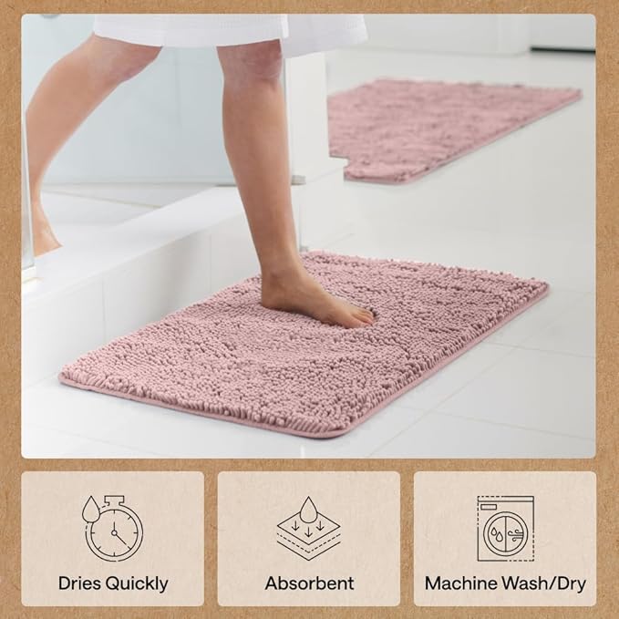GORILLA GRIP Bath Rug Mat 30x20, Thick Soft Absorbent Chenille, Quick Dry Microfiber Mats, Rubber Backing Washable Shower Floor Rugs, US Designed Bathroom Bathmat Home Decor Accessories, Dusty Rose