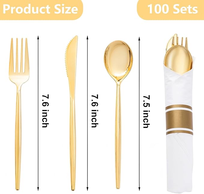 SUT 100 Pack Pre Rolled Silverware Set Disposable, 400pcs Gold Plastic Utensils Include 100 Forks, 100 Knives, 100 Spoons and 100 Napkins, Wrapped Plastic Cutlery Set With Napkin for Wedding
