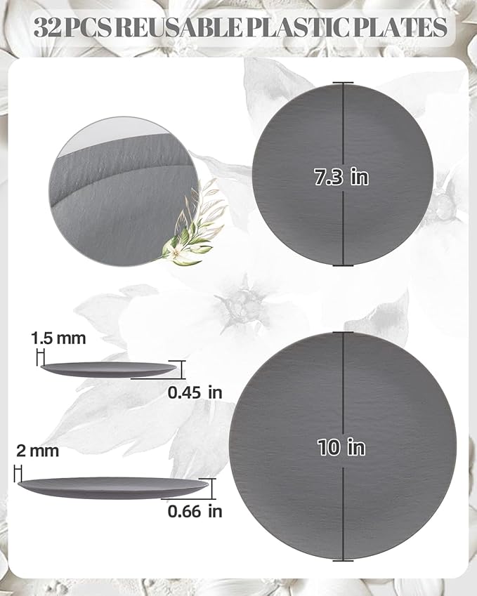 WONDERFUL 32pcs Dark Grey Plastic Plates Reusable Plates Unbreakable and Dishwasher safe Dishes Set Outdoor Plate Includes:16 Dinner 10" & 16 Dessert Plate 7.3" Suitable for Christmas New Year