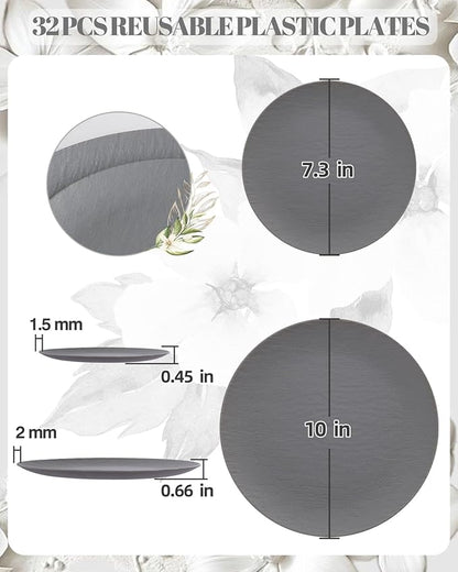 WONDERFUL 32pcs Dark Grey Plastic Plates Reusable Plates Unbreakable and Dishwasher safe Dishes Set Outdoor Plate Includes:16 Dinner 10" & 16 Dessert Plate 7.3" Suitable for Christmas New Year