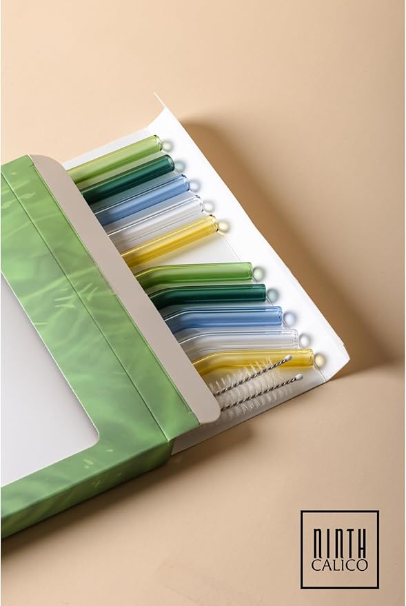 10 Pcs Matcha Reusable Glass Drinking Straws, Colorful and Durable Glass Straws for Beverages, Smoothies, Iced Coffee, Juice, Set of 10-5 Straight, 5 Bent, 2 Cleaning Brushes (Matcha Mist Set)