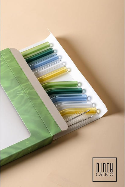 10 Pcs Matcha Reusable Glass Drinking Straws, Colorful and Durable Glass Straws for Beverages, Smoothies, Iced Coffee, Juice, Set of 10-5 Straight, 5 Bent, 2 Cleaning Brushes (Matcha Mist Set)