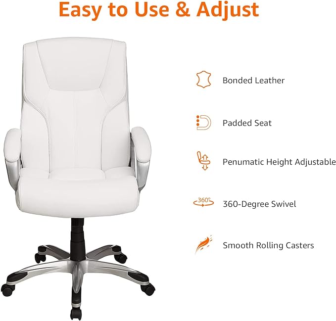 Amazon Basics Executive High Back Office Desk Chair, Adjustable Height, Tilt, Swivel, 275lb Capacity, Bonded Leather, White/Pewter
