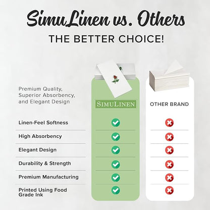 SimuLinen Single Rose Dinner Napkins - Cloth-Like Linen Feel Disposable, Folded Single-use Paper Napkins for Christmas - 19"x17" - Box of 120