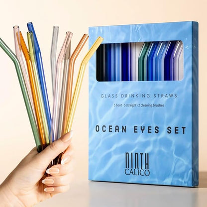 10 Pcs Reusable Glass Drinking Straws, Colorful and Durable Glass Straws for Beverages, Smoothies, Iced Coffee, Juice, Set of 10-5 Straight, 5 Bent, 2 Cleaning Brushes (Ocean Eyes Set)