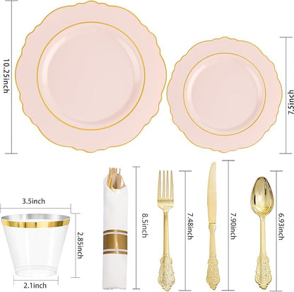Liacere 350PCS Pink Plates Disposable - Pink and Gold Plates 50guest Baroque Plastic Dinnerware include 100Plates, 50Pack Pre Rolled Napkins with Silverware 50Cups Perfect for Valentine's Day