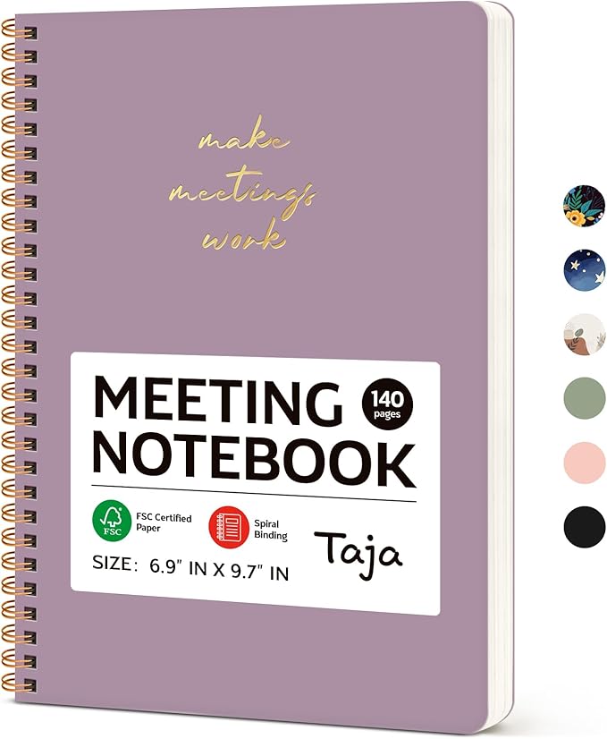 Taja Meeting Notebook for Work Organization - Work notebook with action items, Meeting Minutes Planner Notebook, Perfect Office Supplies for Men & Women - Purple