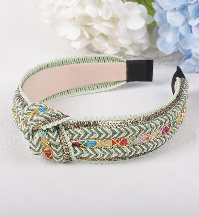 Women's Boho Top Knotted Braided Headbands for Women Non Slip, Girls Sparkly Wide Hair Accessories Christmas Gift (Boho Green Knot)