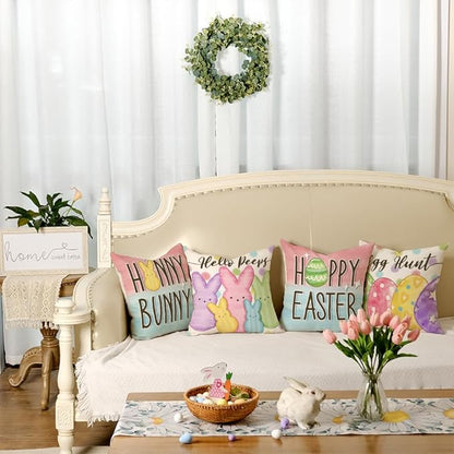 GEEORY Happy Easter Eggs Hello Peeps Throw Pillow Covers 18x18 Inch Set of 4, Hunny Bunny Polka Dots Spring Decorative Farmhouse Holiday Cushion Case for Home Decoration G687-18