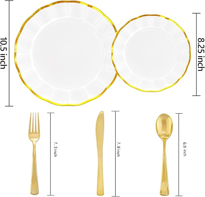 EI 150pcs White Plastic Plates with Gold Plastic Silverware,Disposable Plate Heavy Duty,White Dinnerware Set,Elegant Plates for Party,Wedding,Thanksgiving,Christmas,New Year