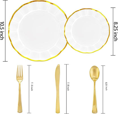 EI 150pcs White Plastic Plates with Gold Plastic Silverware,Disposable Plate Heavy Duty,White Dinnerware Set,Elegant Plates for Party,Wedding,Thanksgiving,Christmas,New Year