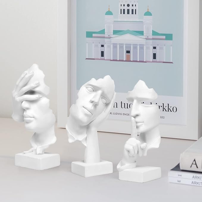3 Pcs Thinker Statue, Silence is Gold Abstract Art Figurine, No Hear No See No Speak Modern Home Resin Sculptures Decorative Objects Decor for Home Office Bookshelf Desktop(White), A-41