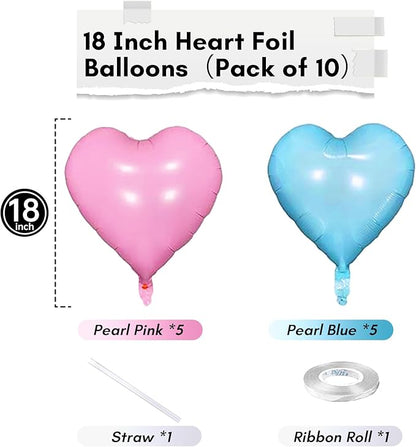 Pink Blue Heart Balloons, 18 Inch Pastel Blue Pink Foil Heart Balloons Pearl Pink Blue Heart Shape Mylar Balloons Baby Blue and Pink Party Balloon for Baby Shower Gender Reveal Birthday