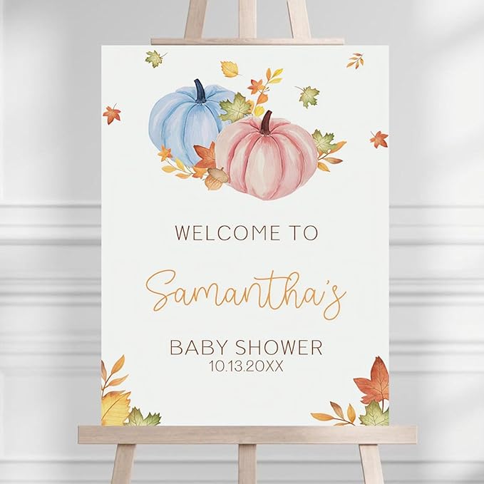 Gender Reveal Pink Blue Pumpkin Baby Shower Welcome Sign