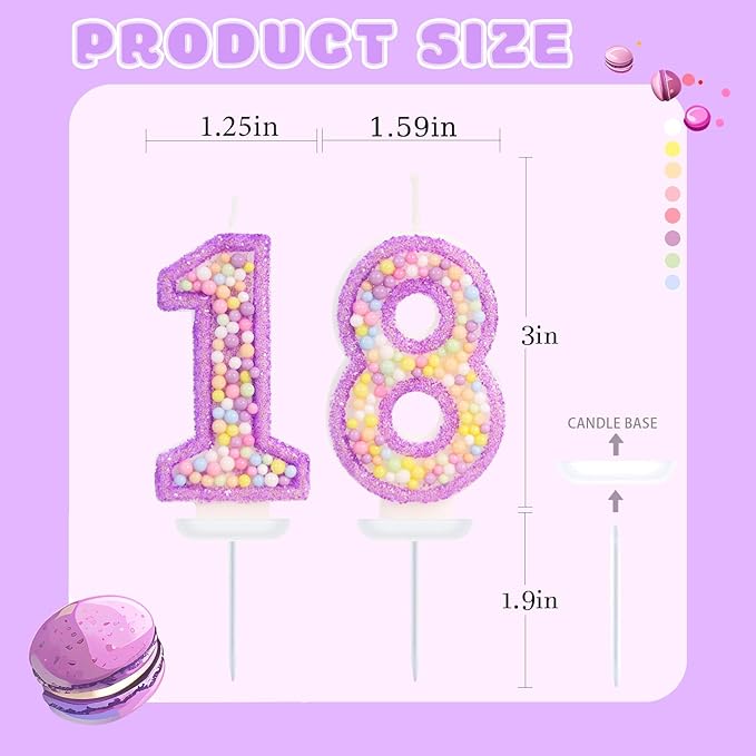 Purple Birthday Candles - Number 18 Candle, Colorful Macaron Candles, 18 Birthday Decorations for Girls, Purple Cake Decorations, Theme Party Supplies
